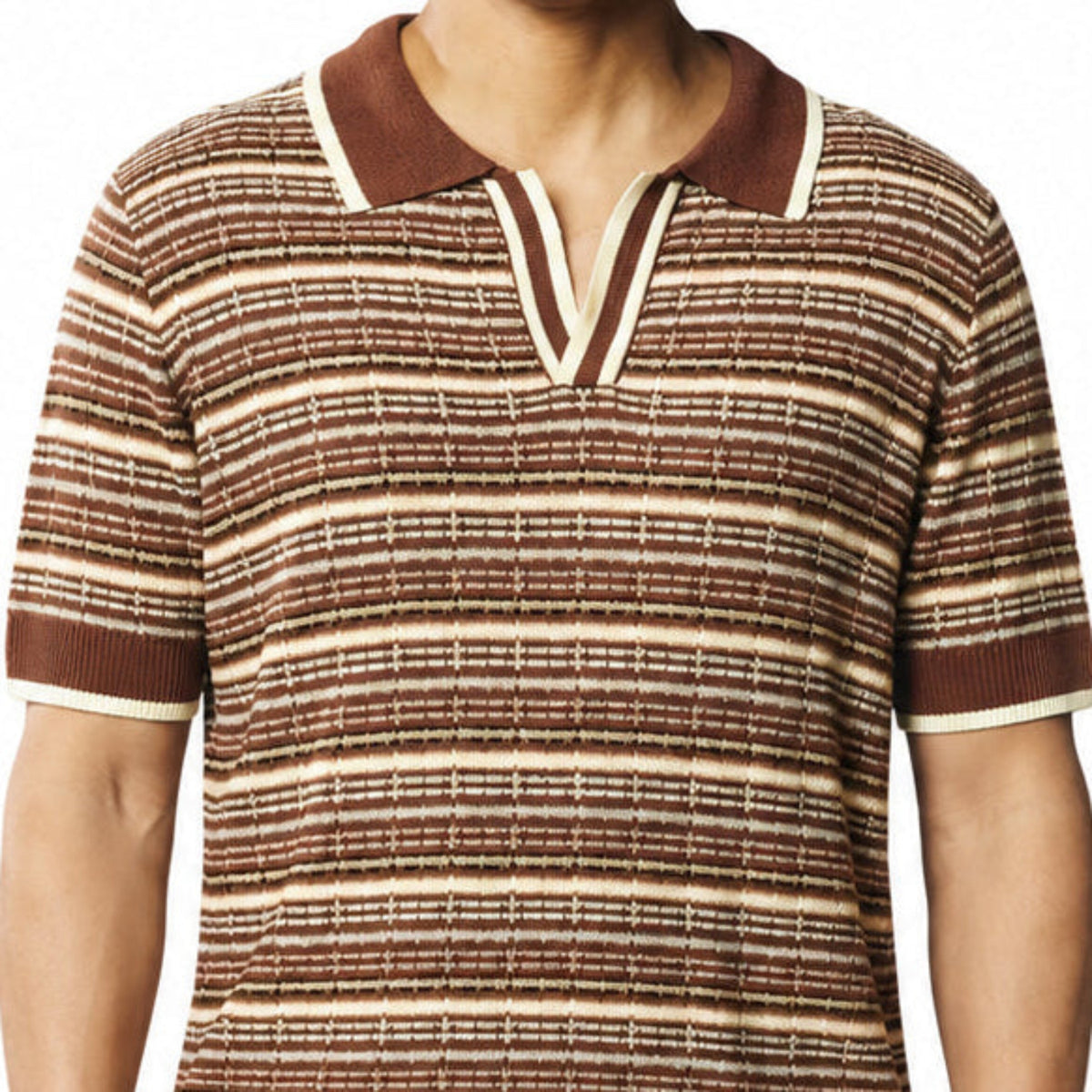 Close-up of brown Stacy Adams striped dyed knit shirt fabric