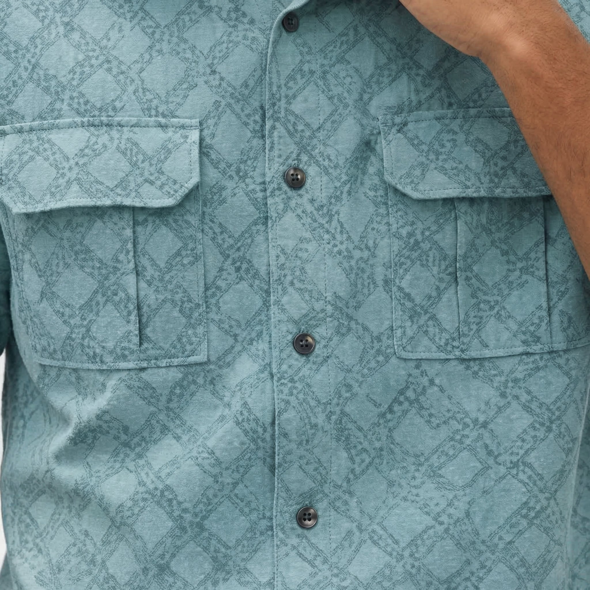 men’s chambray blue short sleeve denim short set with cargo pockets and embroidery fabric details