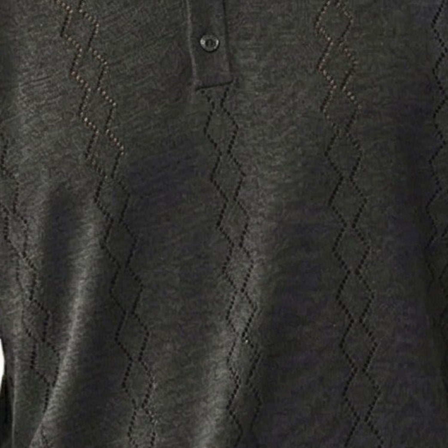 charcoal short sleeve woven knit polo with vertical textured pattern fabric details