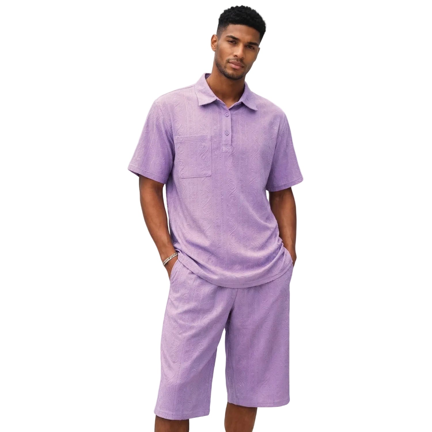 Lavender textured knit polo and shorts set by stacy adams