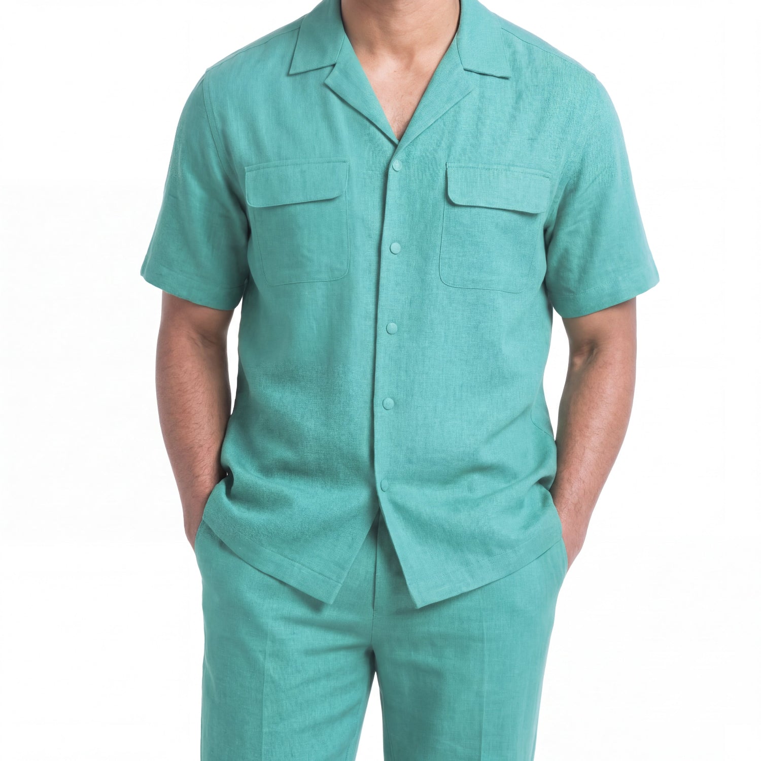 Aqua short sleeve linen walking suit shirt showing the pocket and collar detail.