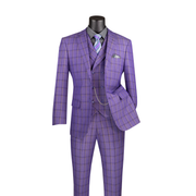 Purple 3-Piece Windowpane Plaid Modern Fit Suit with Adjustable Waistband