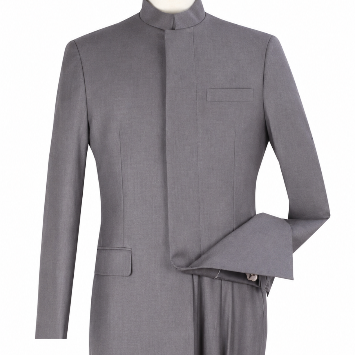 light gray mandarin collar clergy jacket close up