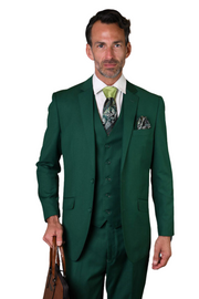 Men’s 3 Piece Tailored Fit Suit with Vest and Flat Front Pants - Forest Green