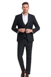 Modernistic Collection: Men's 3-Piece Slim Fit Windowpane Suit In Dark Grey