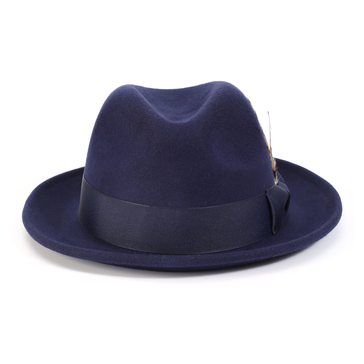 Navy H-10 wool felt fedora by Montique - rear view of pinch crown and grosgrain ribbon