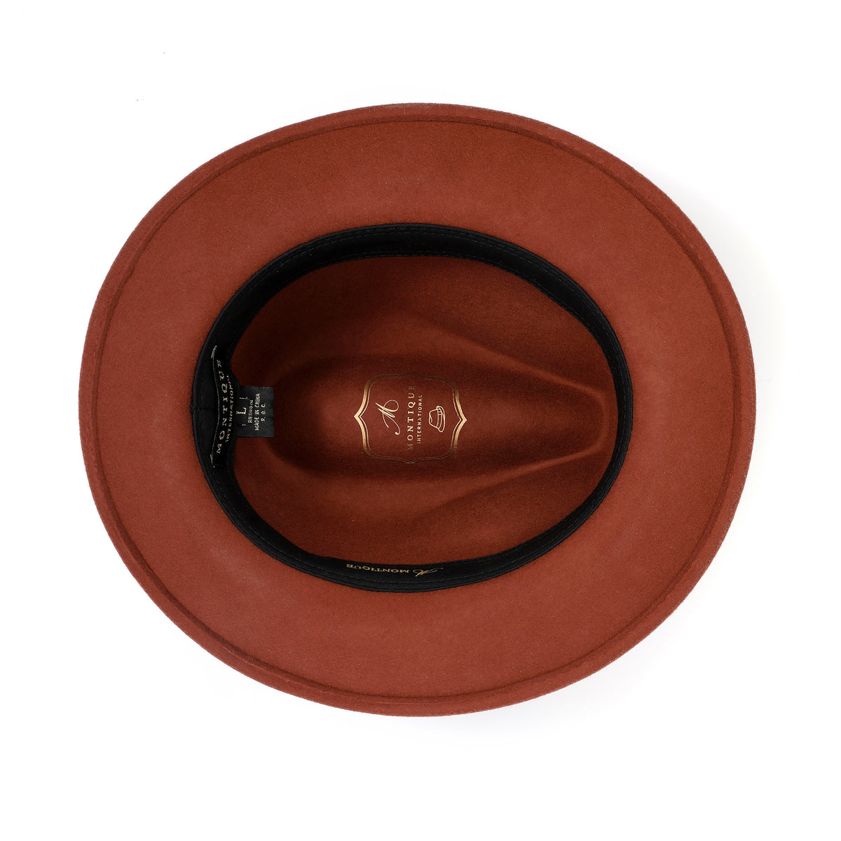 Cognac H-100 felt fedora by Montique - interior and sweatband