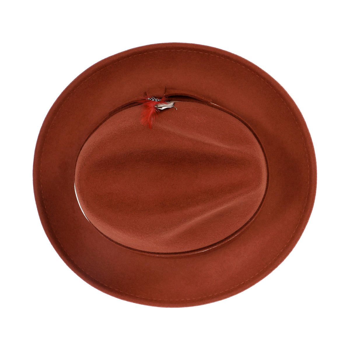 Cognac H-100 felt fedora by Montique - top view of crown and brim