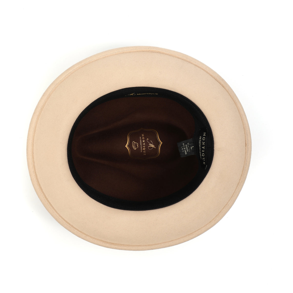 Brown and beige H-103 felt fedora by Montique - interior and sweatband