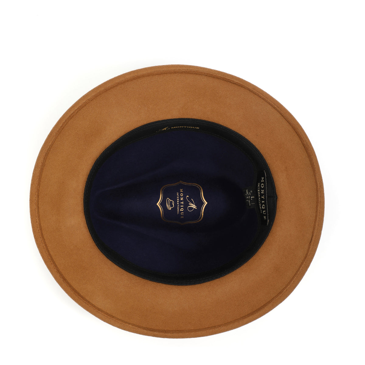 Navy and cappuccino H-103 felt fedora by Montique - interior and sweatband
