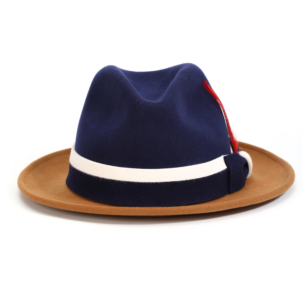 Navy and cappuccino H-103 felt fedora by Montique - rear view