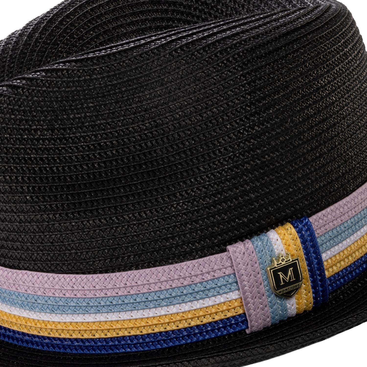 Close up profile of the black braided straw fedora hat with multistripe ribbon band