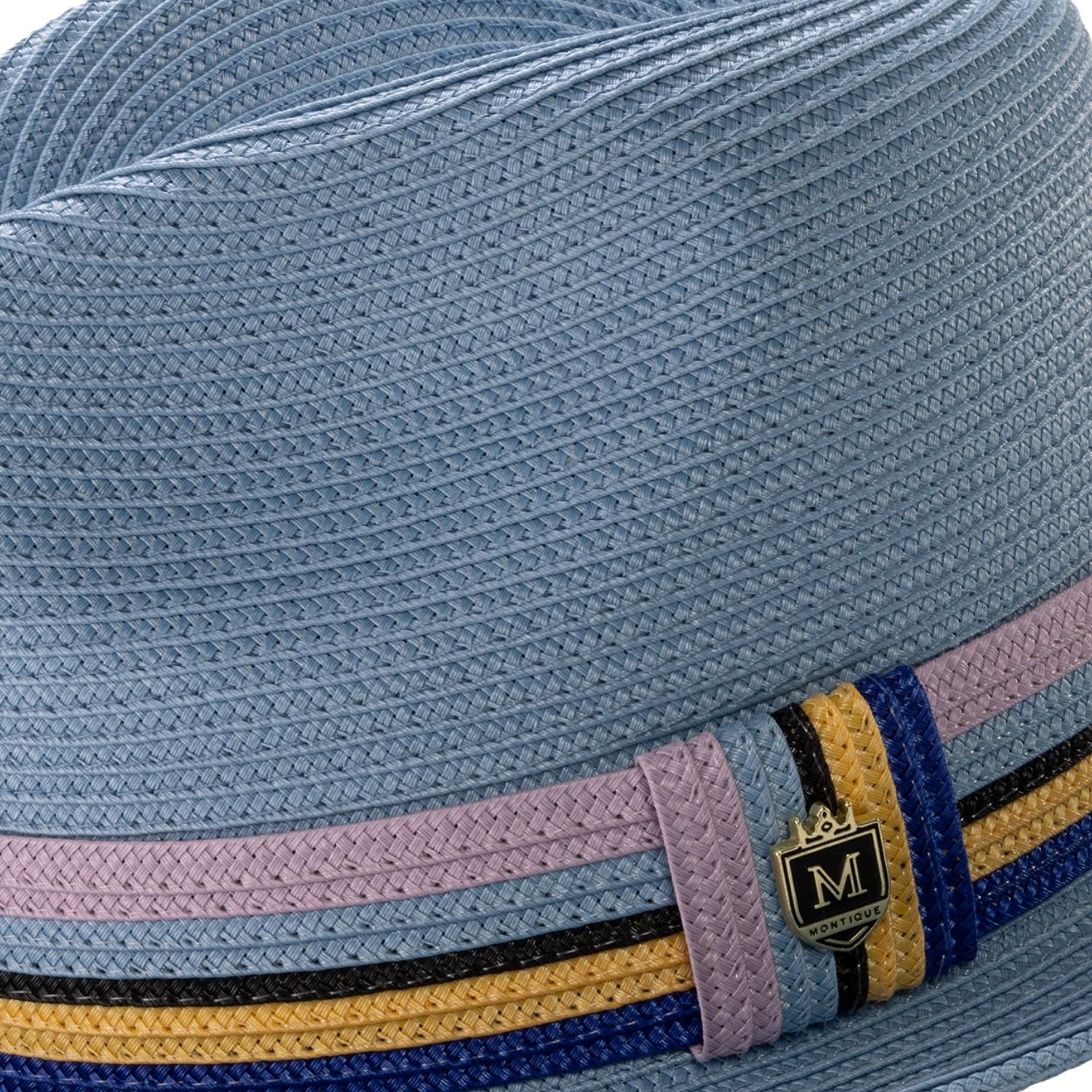 Close up profile of the carolina braided straw fedora hat with multistripe ribbon band