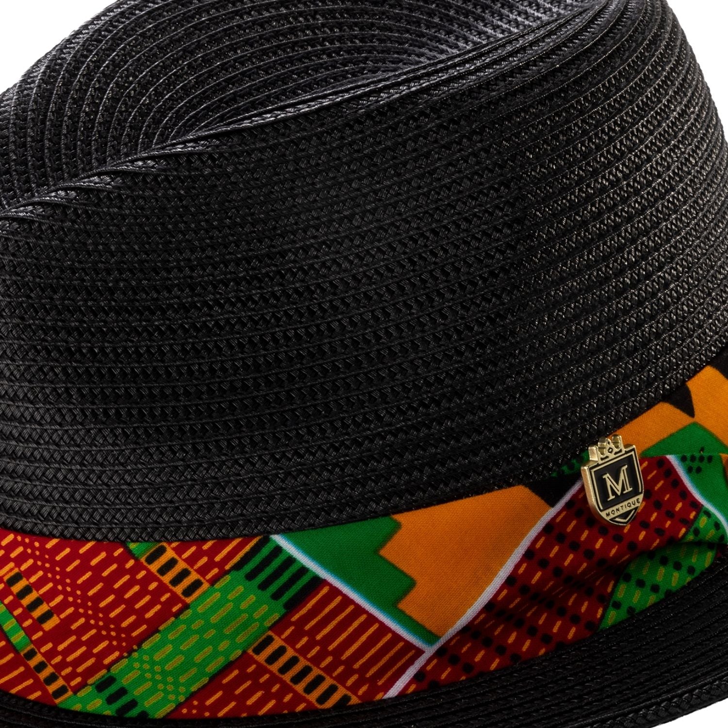 Close up view of black braided straw fedora hat with african kente print band