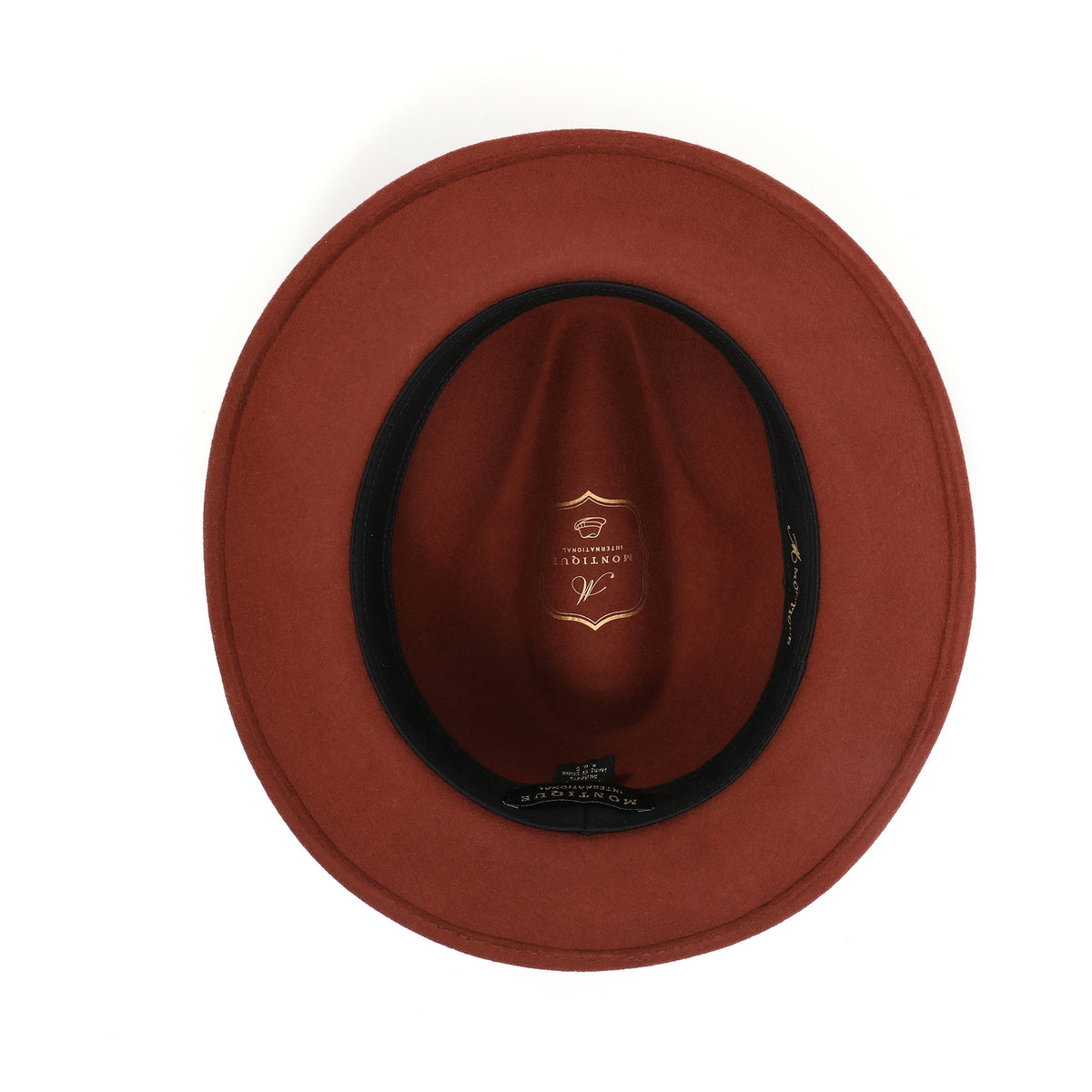 Cognac H-2552 felt fedora by Montique - interior view with dark inner band and crown branding