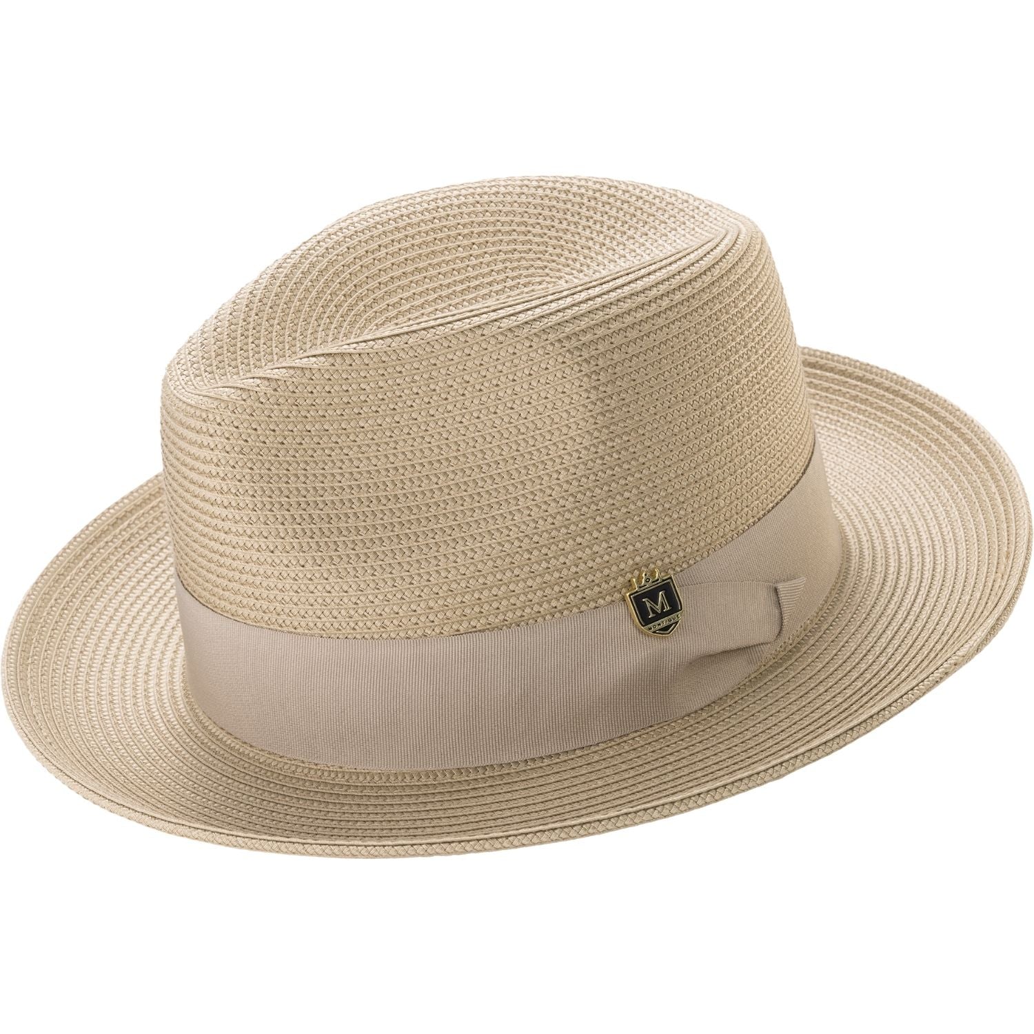 khiki braided wide brim pinch crown fedora with grosgrain ribbon band