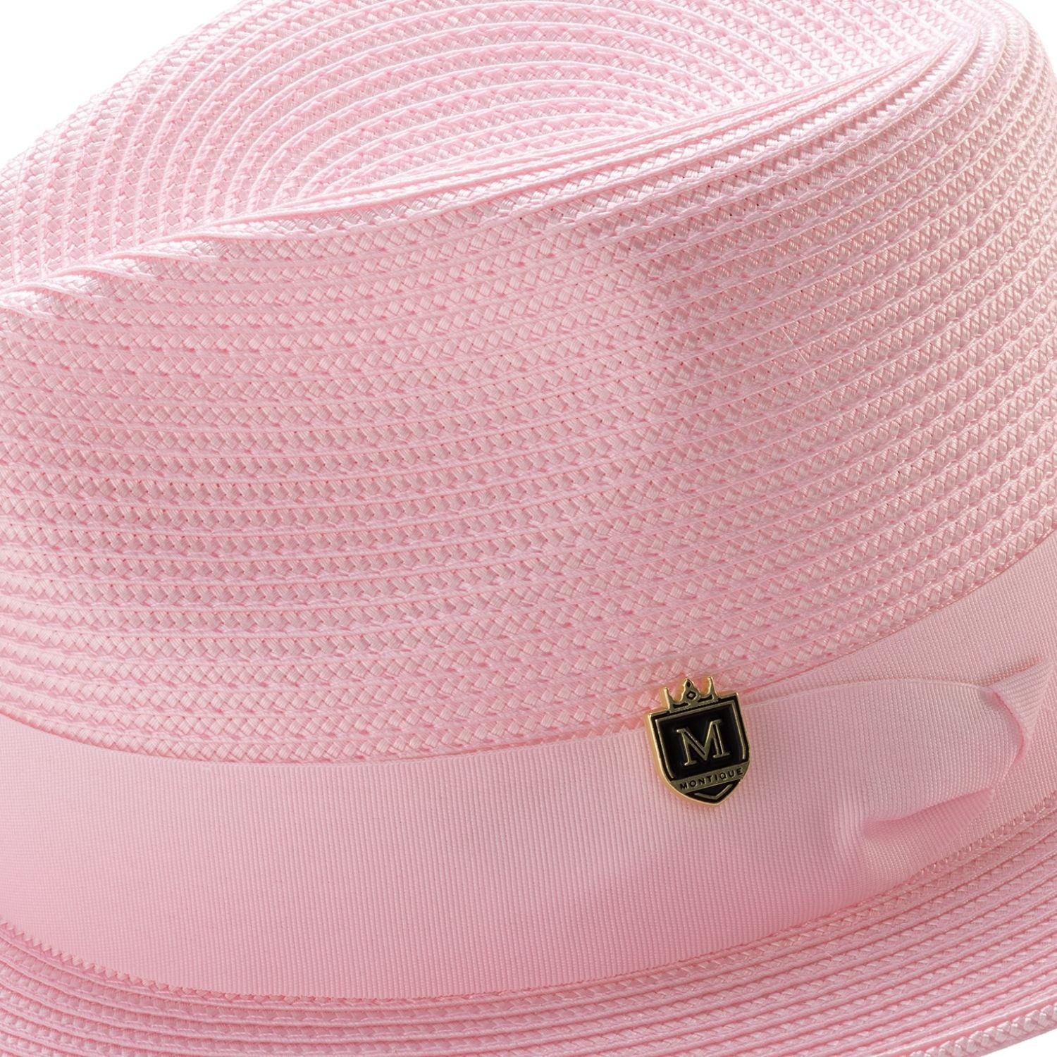 montique pink braided fedora hat with 2.5 inch wide brim