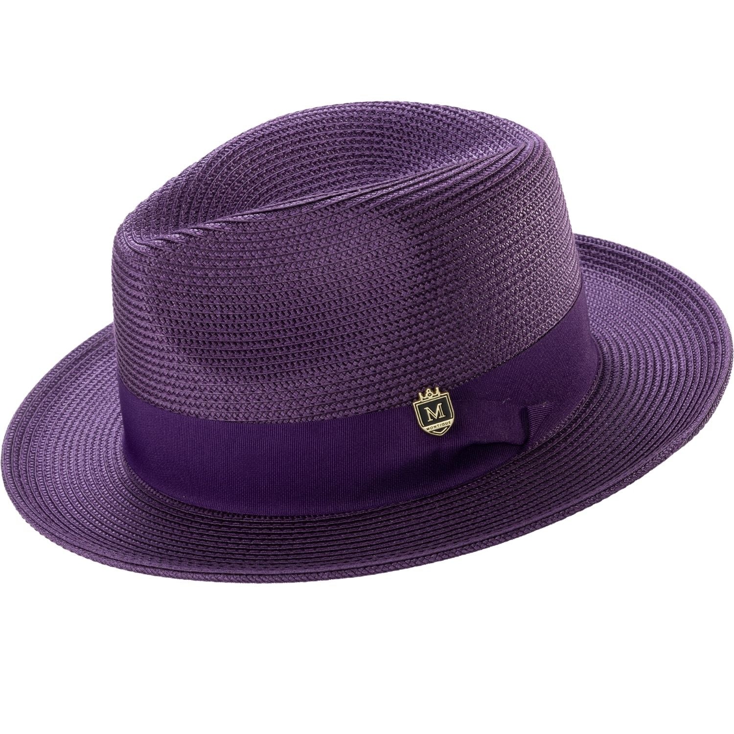 purple braided wide brim pinch crown fedora with grosgrain ribbon band
