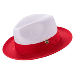 Galanza Collection: Montique Red Two-tone Pinch Fedora With Matching Grosgrain Ribbon- Wide Brim H47