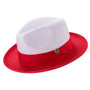Galanza Collection: Montique Red Two-tone Pinch Fedora With Matching Grosgrain Ribbon- Wide Brim H47
