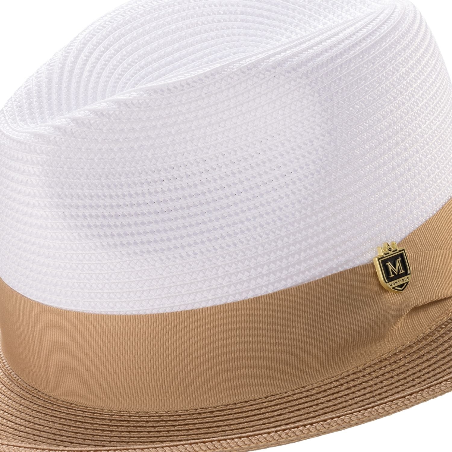 Side view of camel and white wide brim fedora hat with grosgrain ribbon