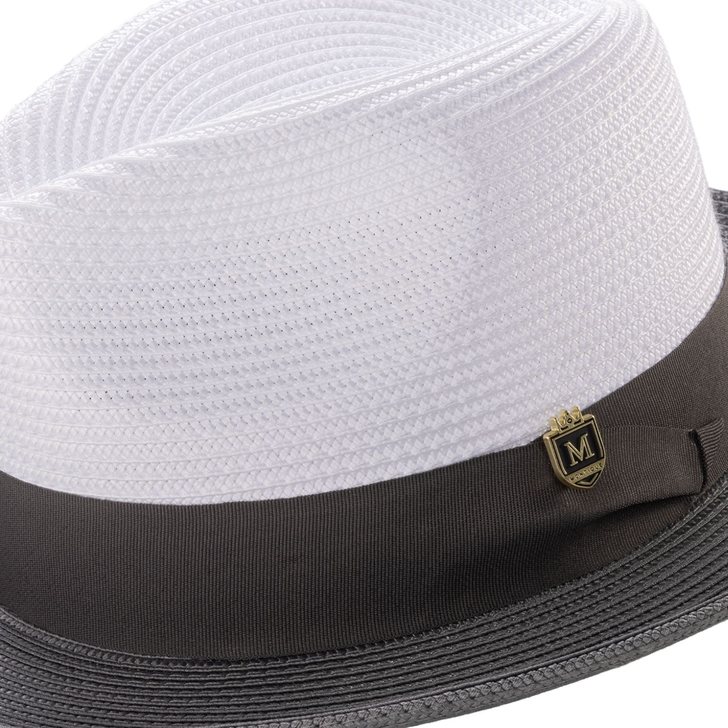 Side view of grey and white wide brim fedora hat with grosgrain ribbon