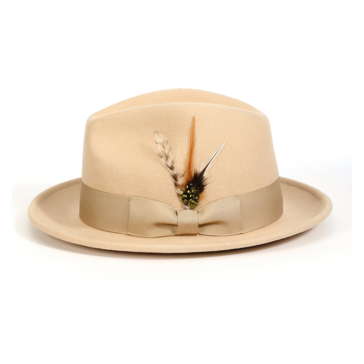 Beige H-60 wool felt fedora by Montique - feather side and grosgrain ribbon
