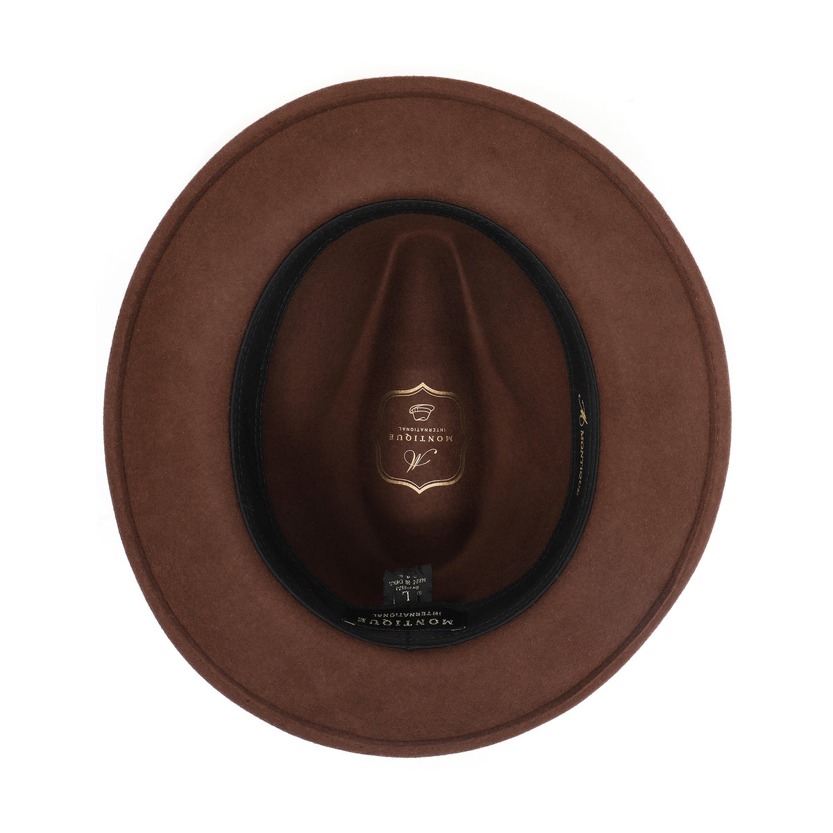 Brown H-60 wool felt fedora by Montique - interior and sweatband