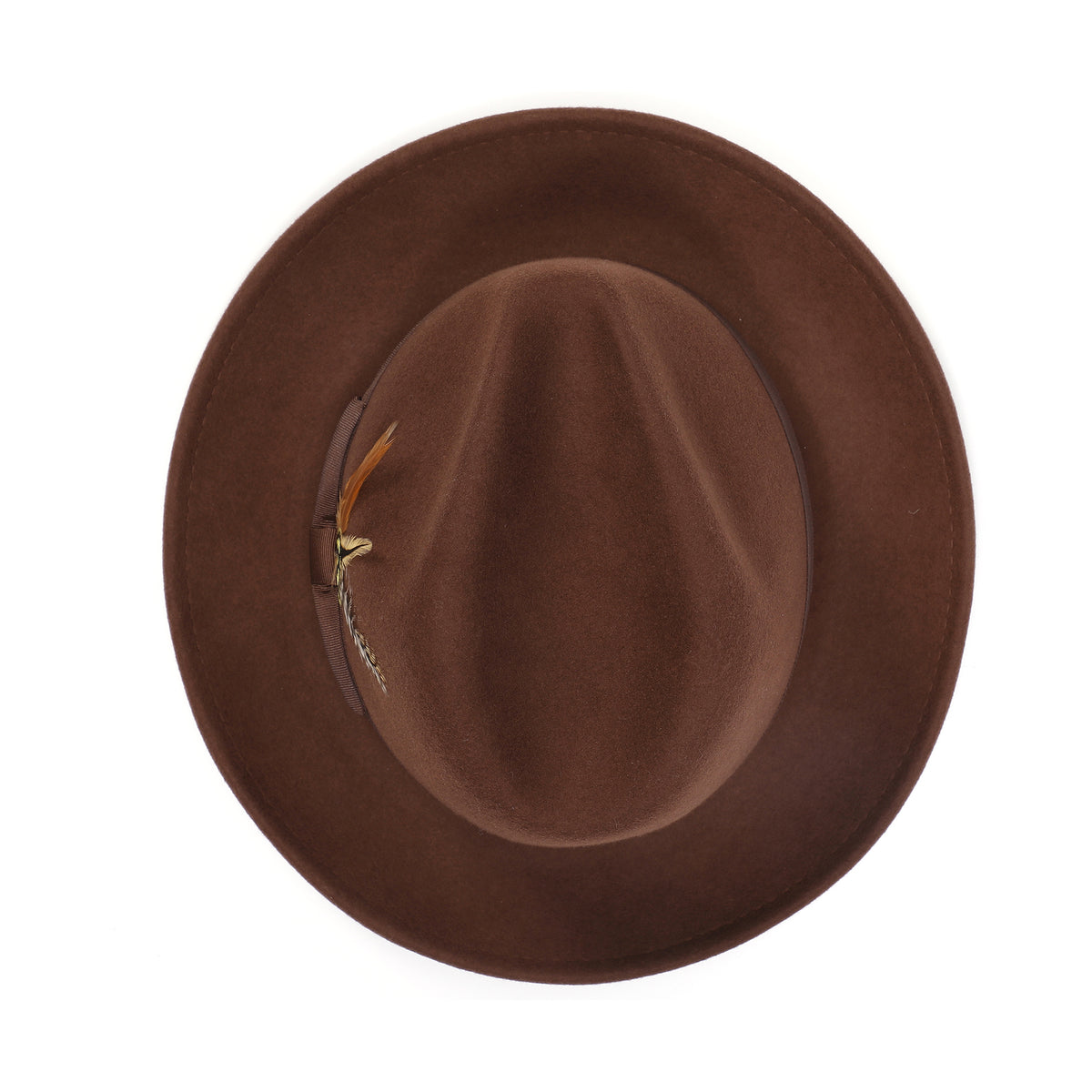 Brown H-60 wool felt fedora by Montique - top view of pinch crown and brim