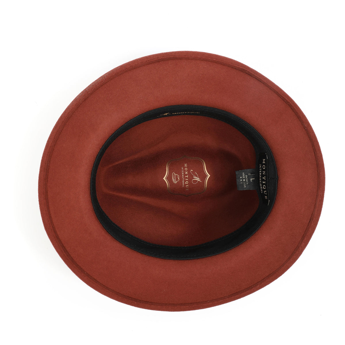 Cognac H-60 wool felt fedora by Montique - interior and sweatband