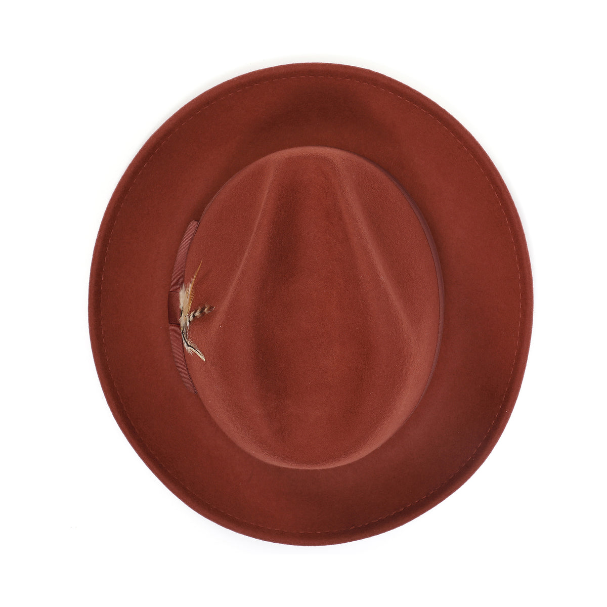 Cognac H-60 wool felt fedora by Montique - top view of pinch crown and brim