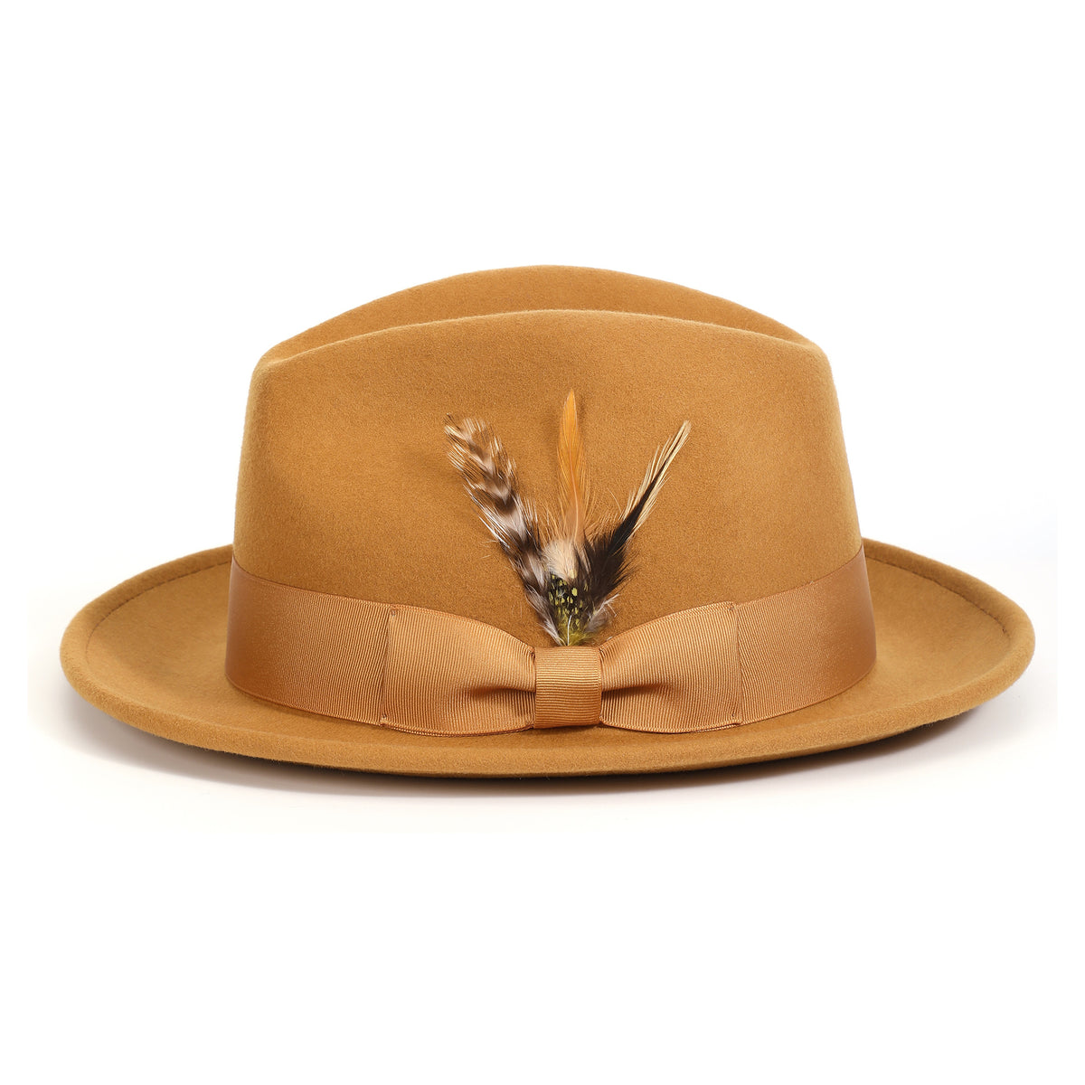 Gold H-60 wool felt fedora by Montique - feather side and grosgrain ribbon