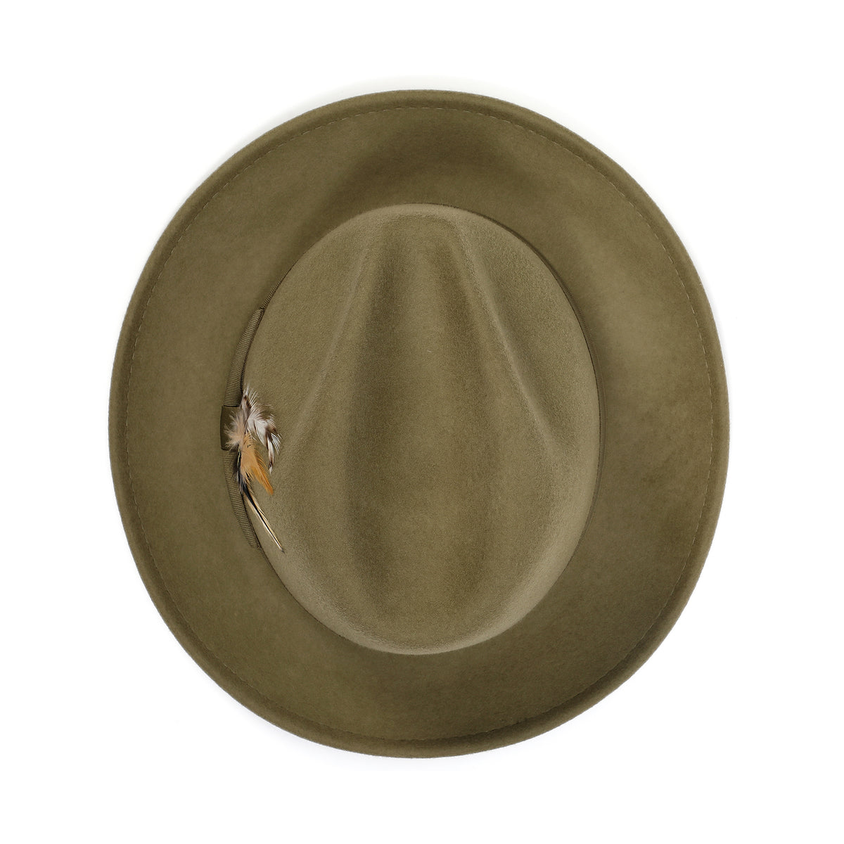Olive H-60 wool felt fedora by Montique - top view of pinch crown and brim