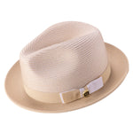 Rubique Collection: Montique Men's Braided Two Tone Stingy Brim Pinch Fedora Hat in Beige