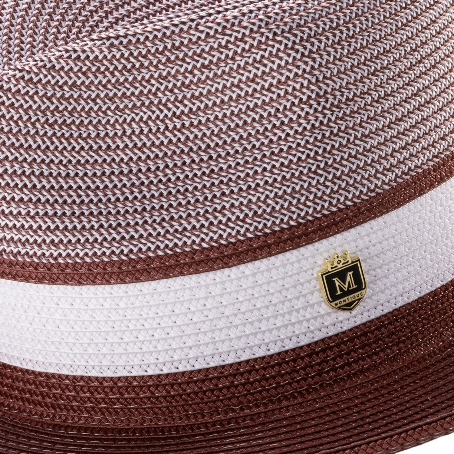 Close up of burgundy wide brim straw fedora hat pinch crown