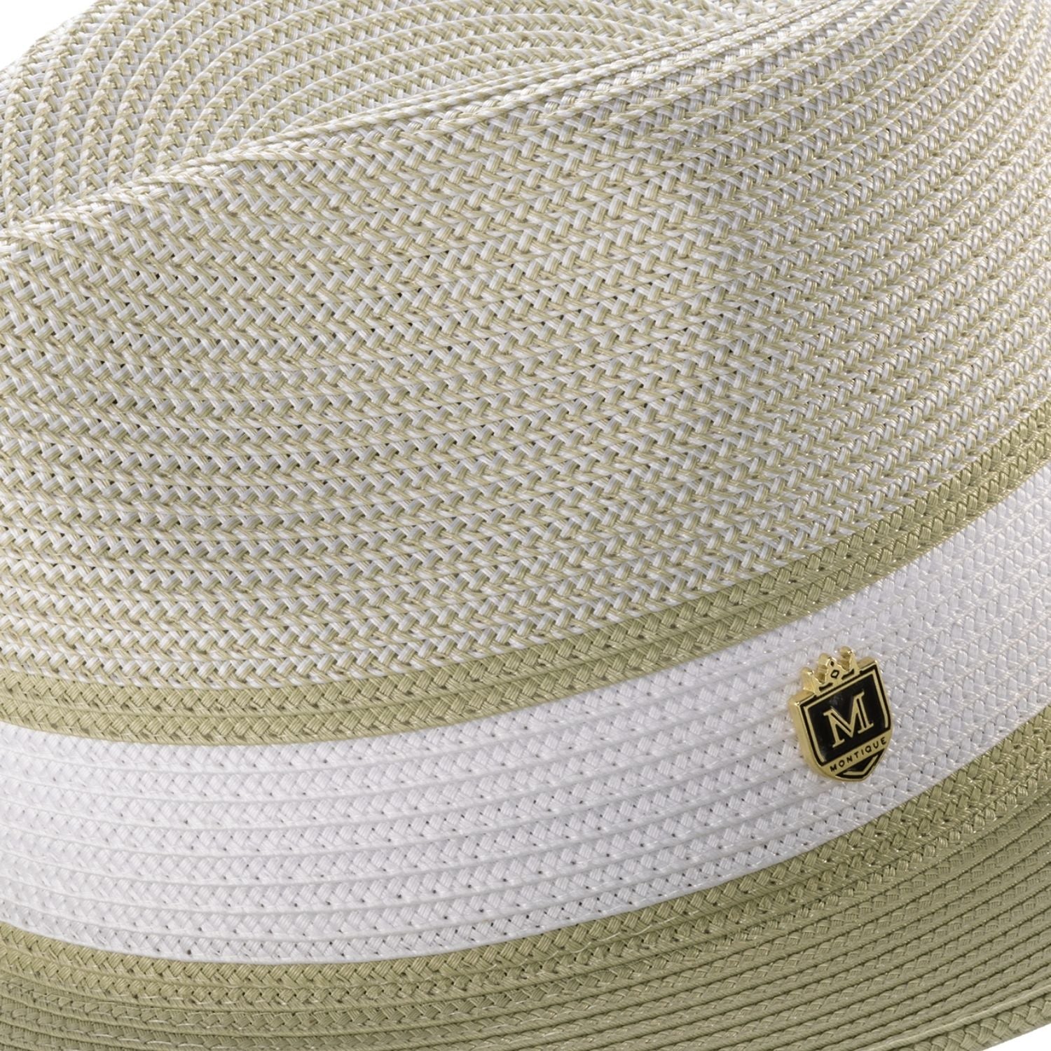 Close up of mint wide brim straw fedora hat pinch crown