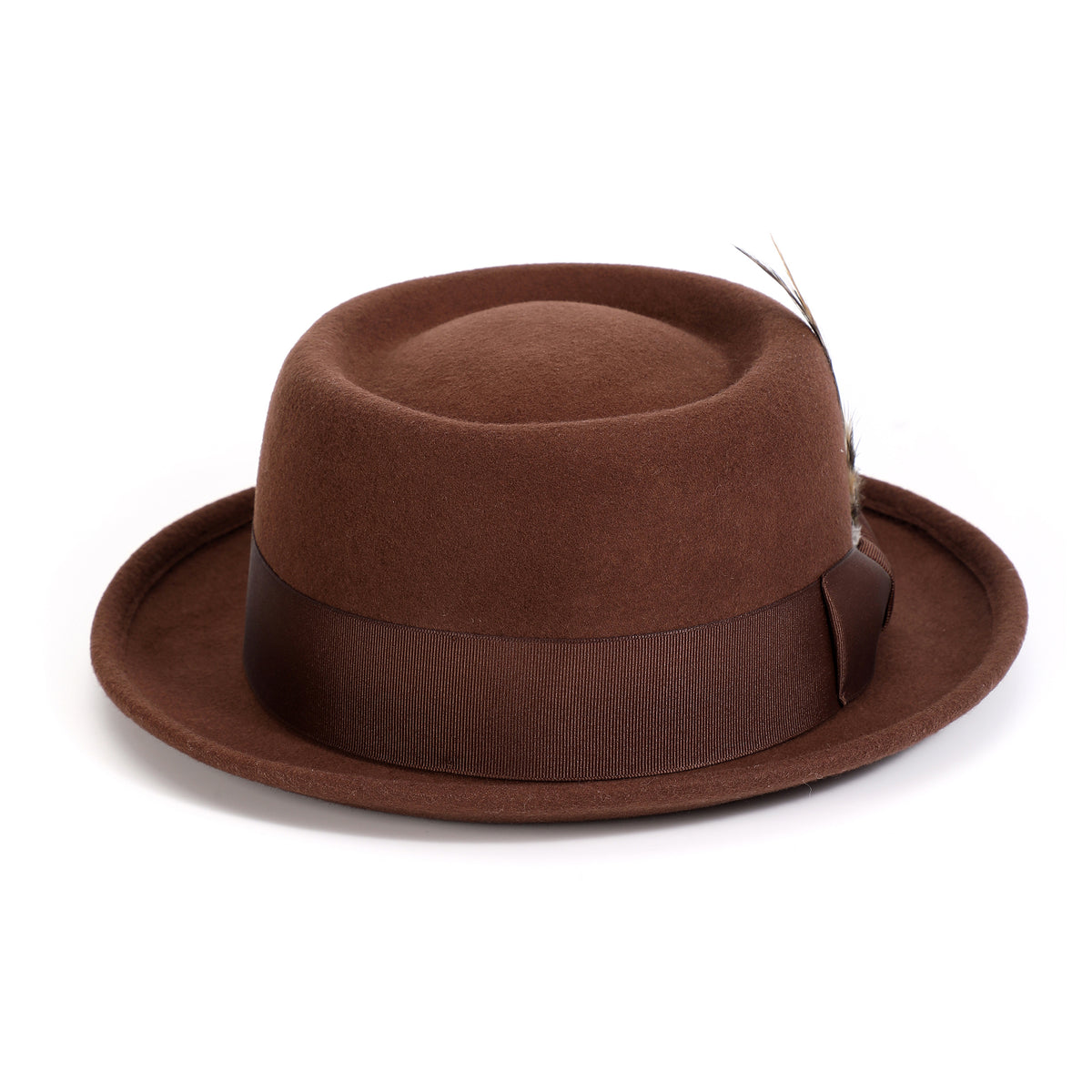 Brown H-88 wool felt pork pie hat by Montique - rear view of telescope crown and matching band