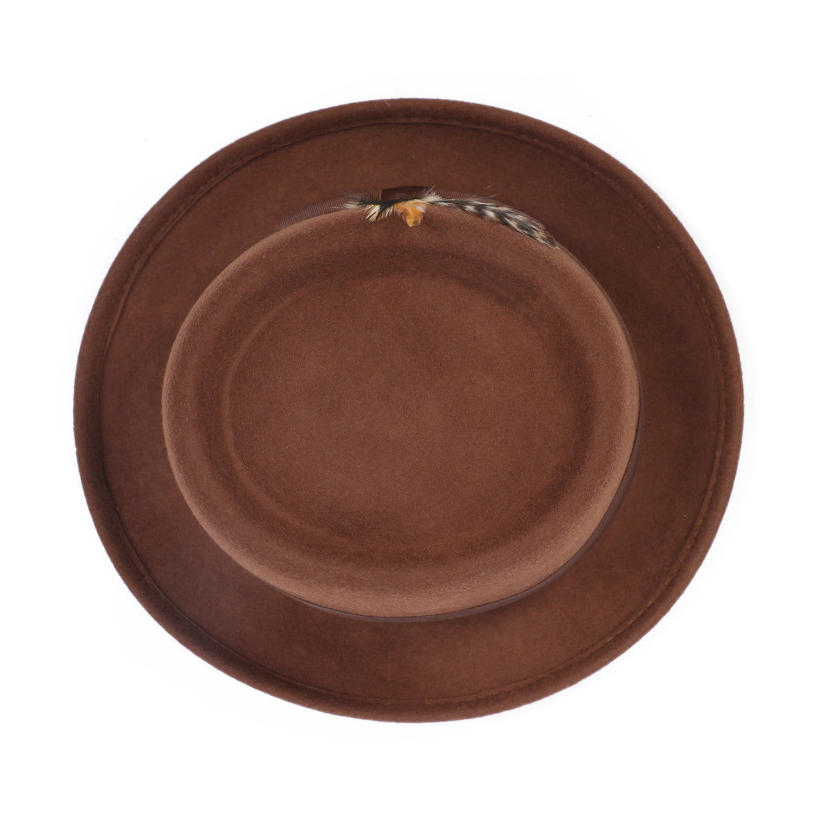 Brown H-88 wool felt pork pie hat by Montique - top view of telescope crown and brim