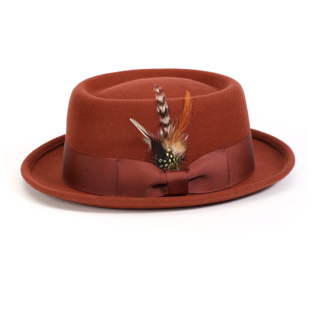 Cognac H-88 wool felt pork pie hat by Montique - front view with feather accent