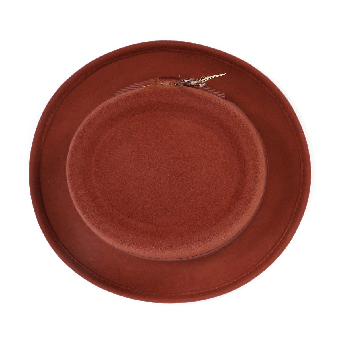Cognac H-88 wool felt pork pie hat by Montique - top view of telescope crown and brim