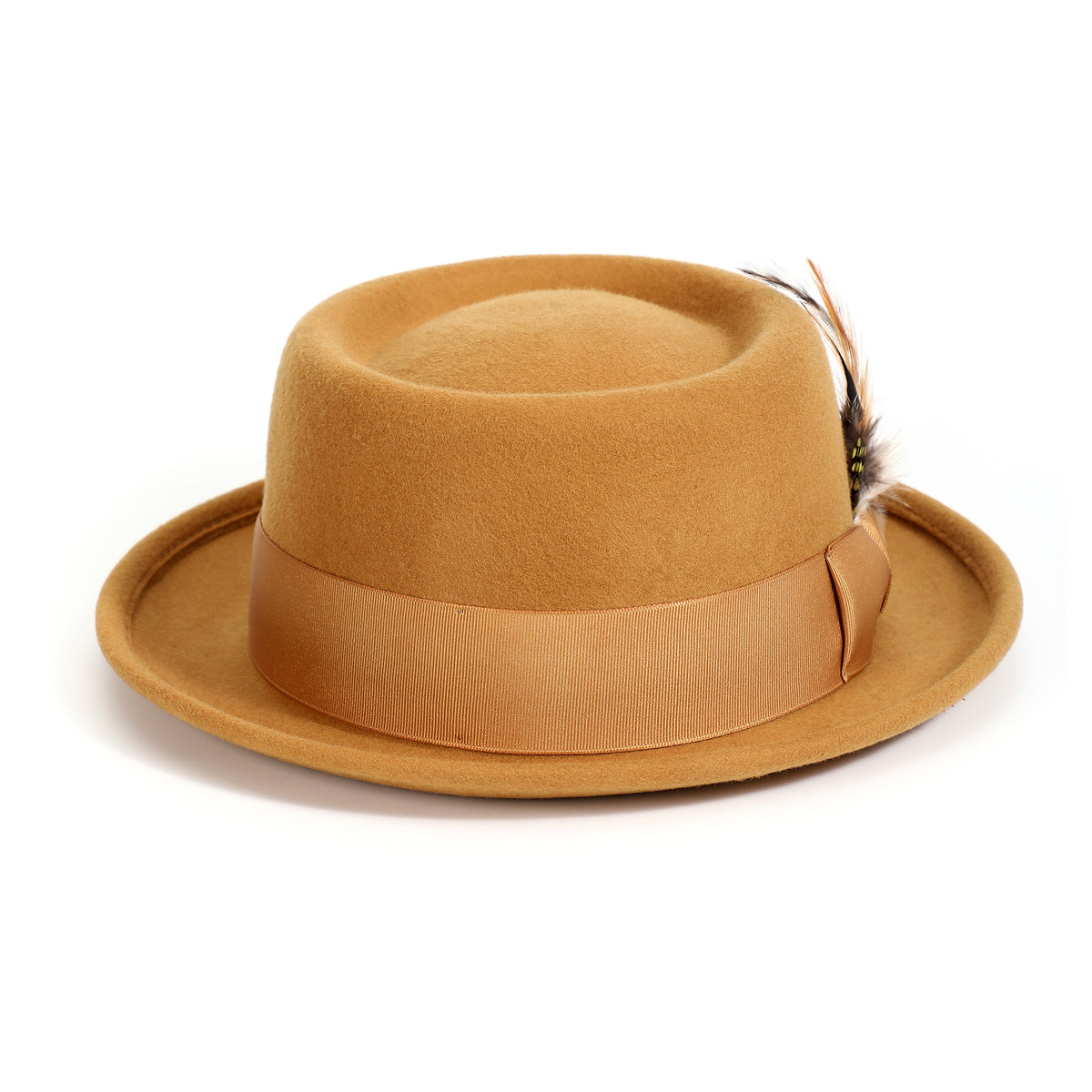 Gold H-88 wool felt pork pie hat by Montique - rear view of telescope crown and matching band