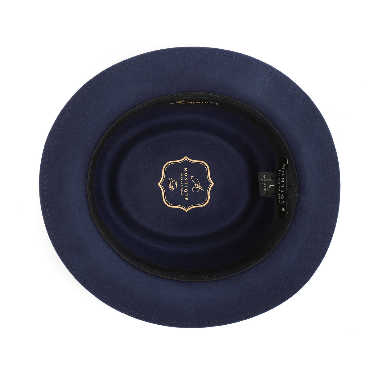 Navy H-88 wool felt pork pie hat by Montique - interior view with sweatband