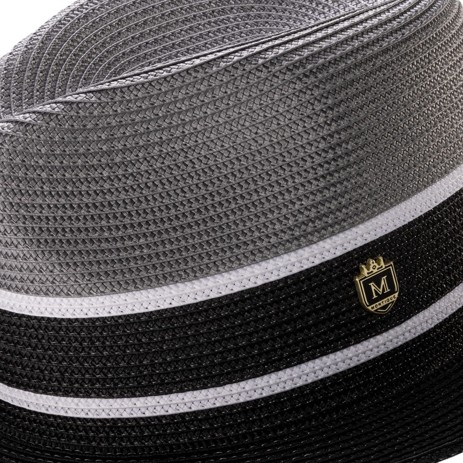 Front profile of the Luyten Collection grey and black fedora showing the 2.5-inch brim and woven texture.