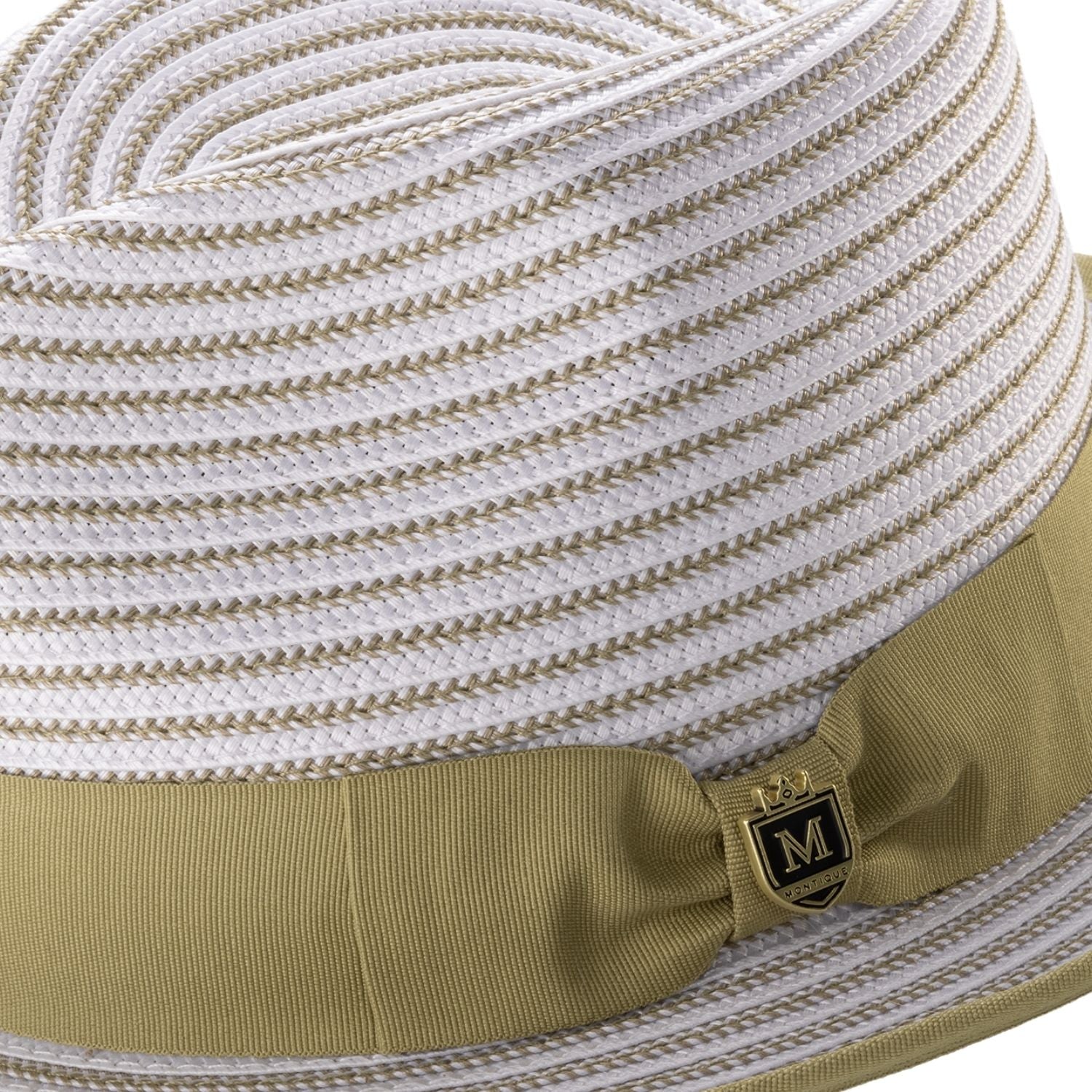 and white striped fedora hat with olive ribbon band and Montique pin