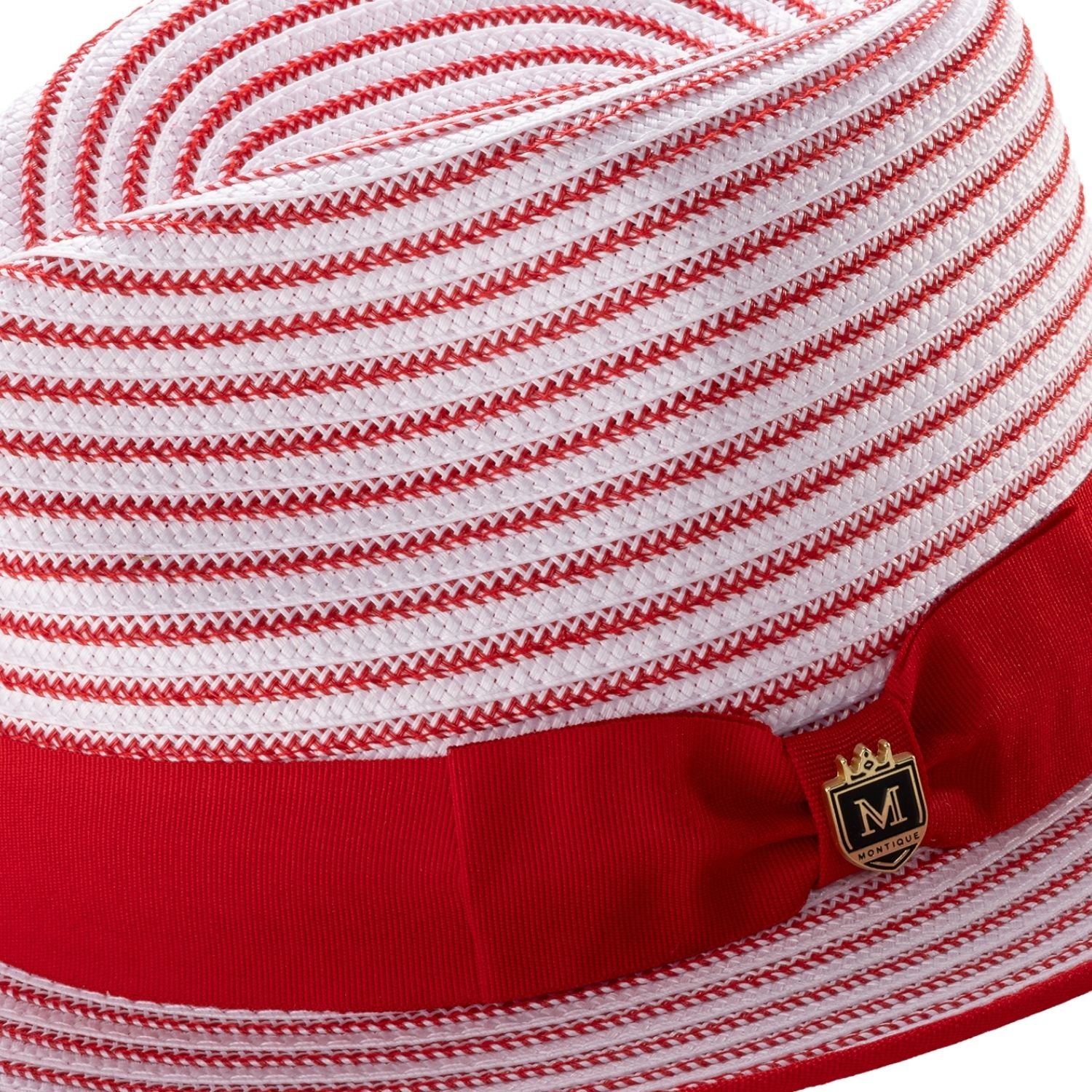 Side view of red striped fedora hat with ribbon band and 2 1/4 inch brim