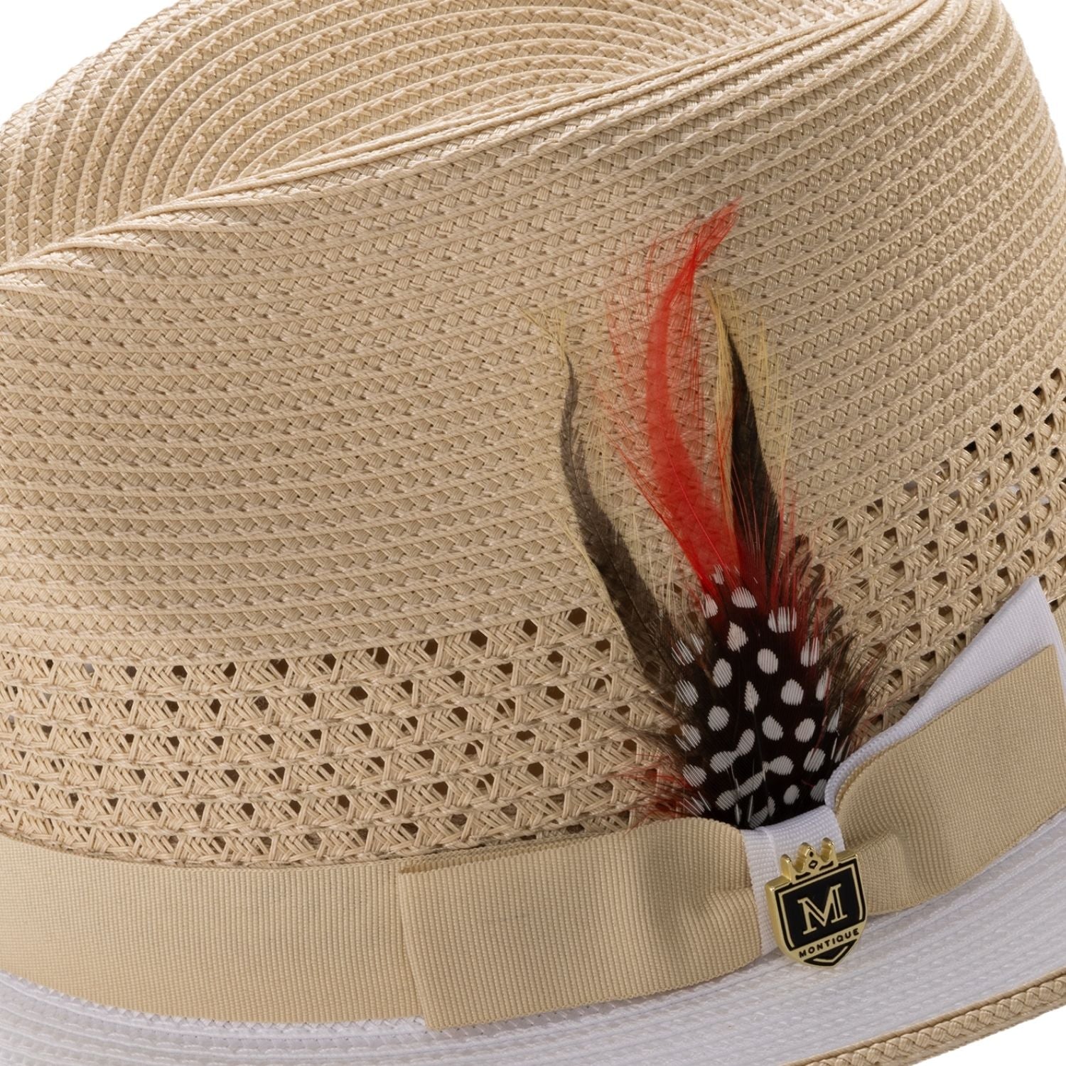 fedora ribbon band feather detail beige white hat