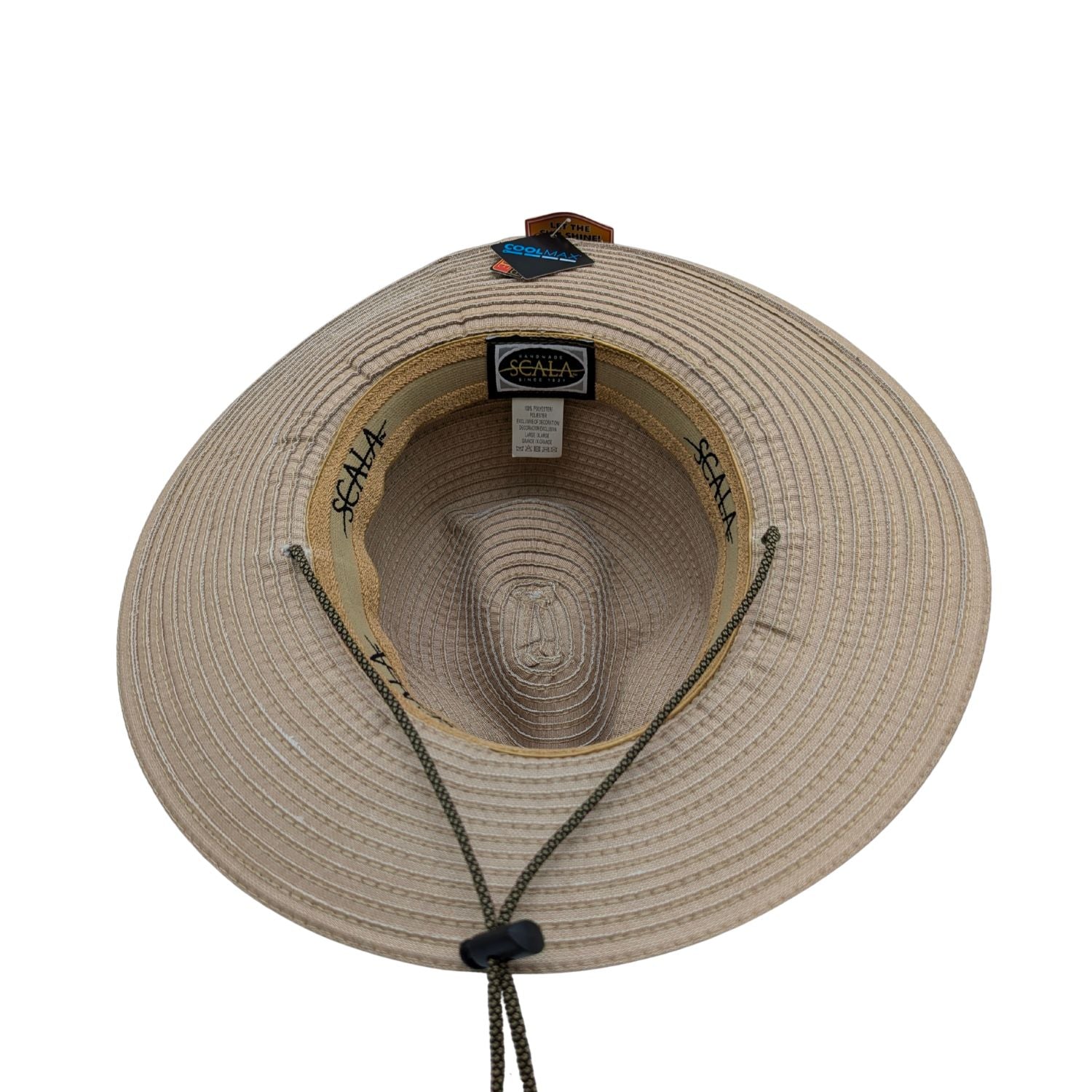 Interior view showing COOLMAX sweatband and chin cord