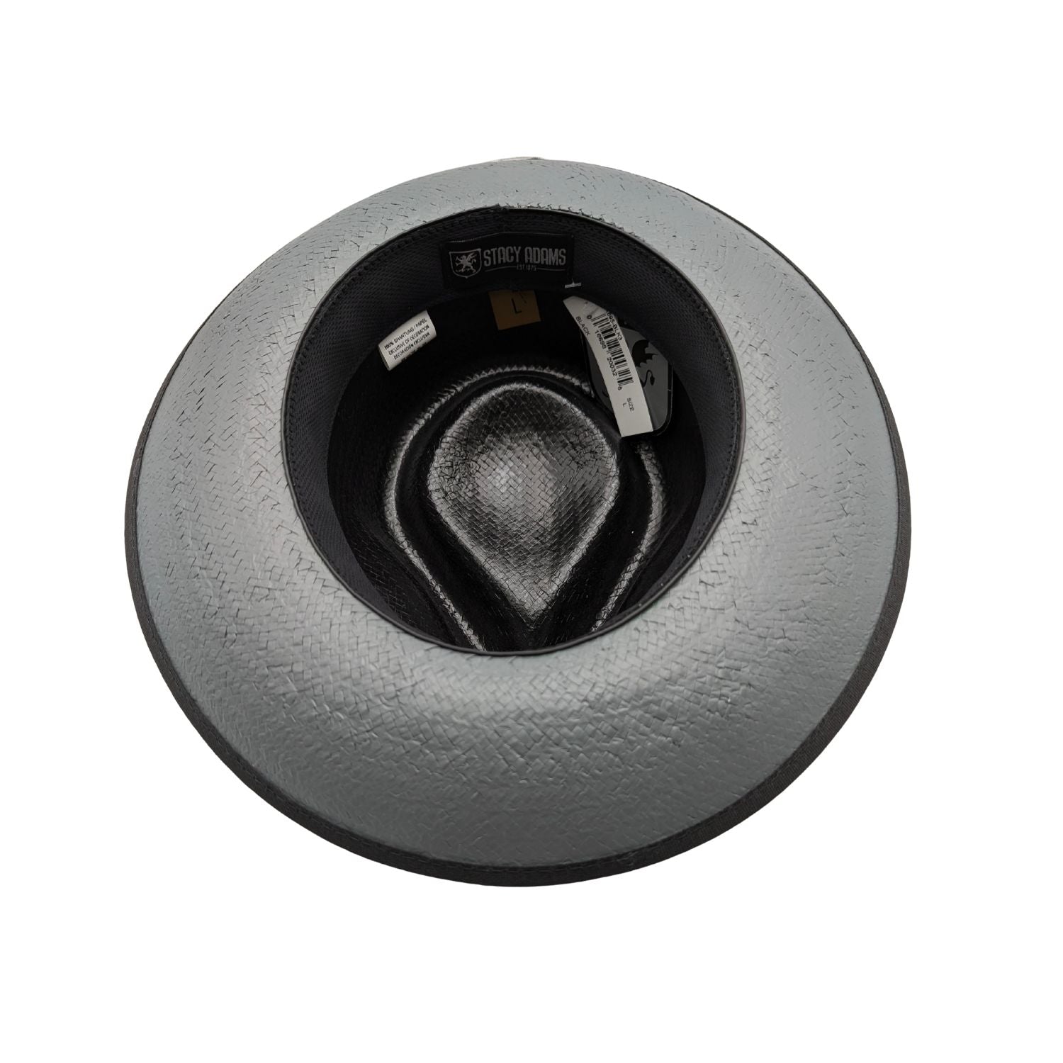 Inside view black straw fedora hat with center dent crown