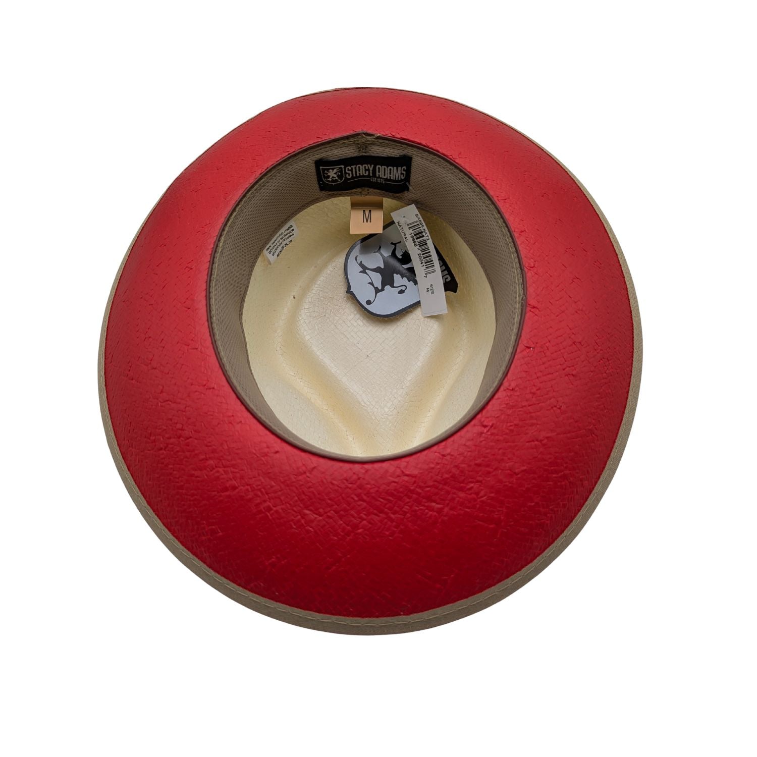 Inside view ivory straw fedora hat with center dent crown