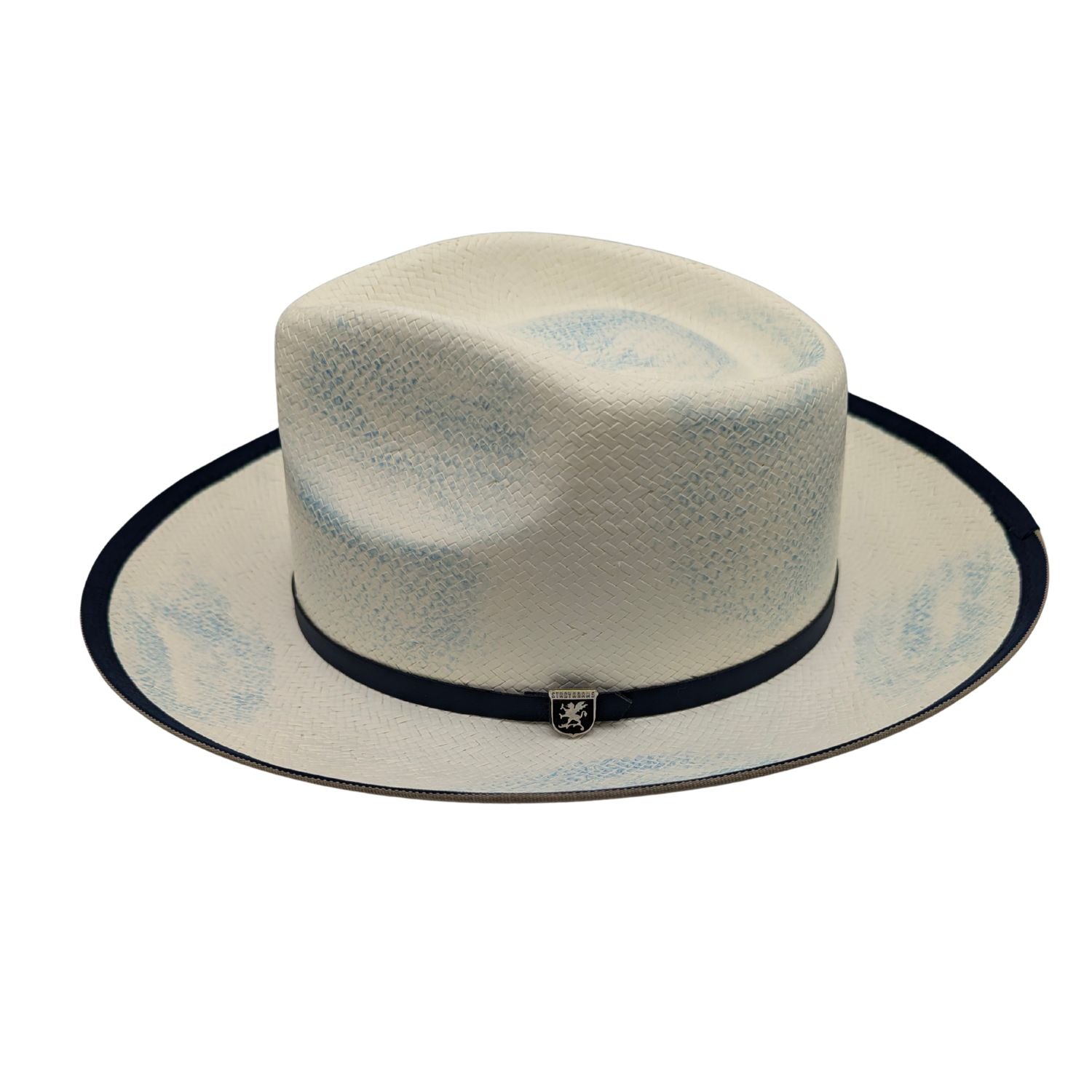 Natural woven fedora hat with wide brim and leather band detail